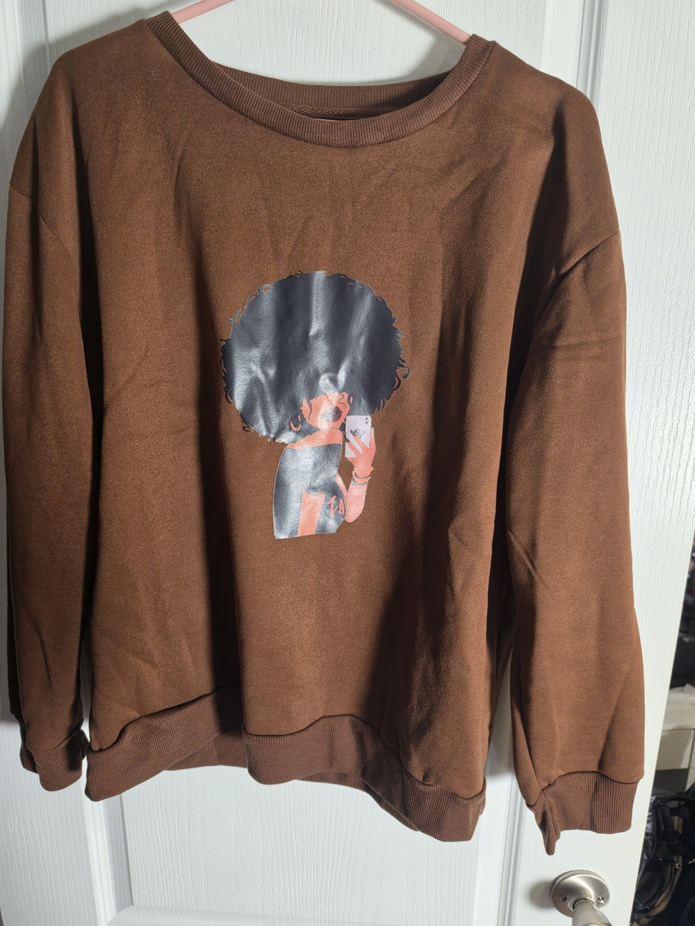 SHEIN Brown Graphic Crewneck Sweater with Afro Illustration